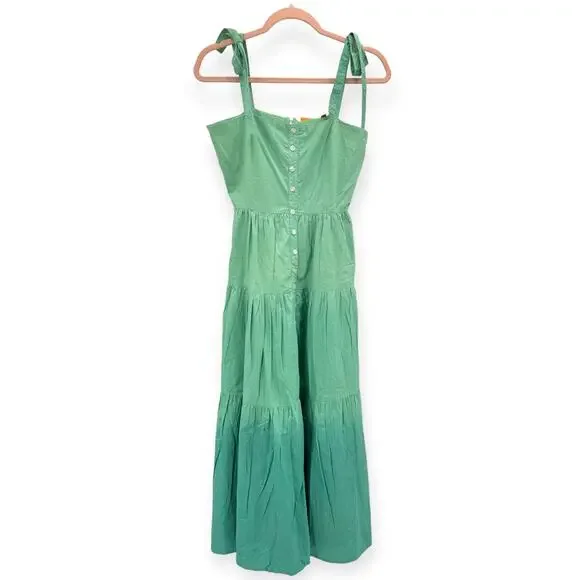 Oliphant NEW‎ Tie Strap Button Cotton Poplin Midi Dress in Ombre Green - Size XS